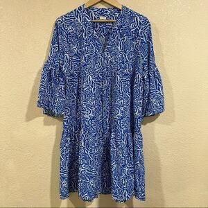Warm Blue White Floral Garden Tunic Dress